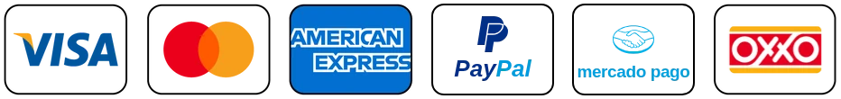 Aceptamos Visa, Mastercard, American Express, PayPal, Mercado Pago y OXXO